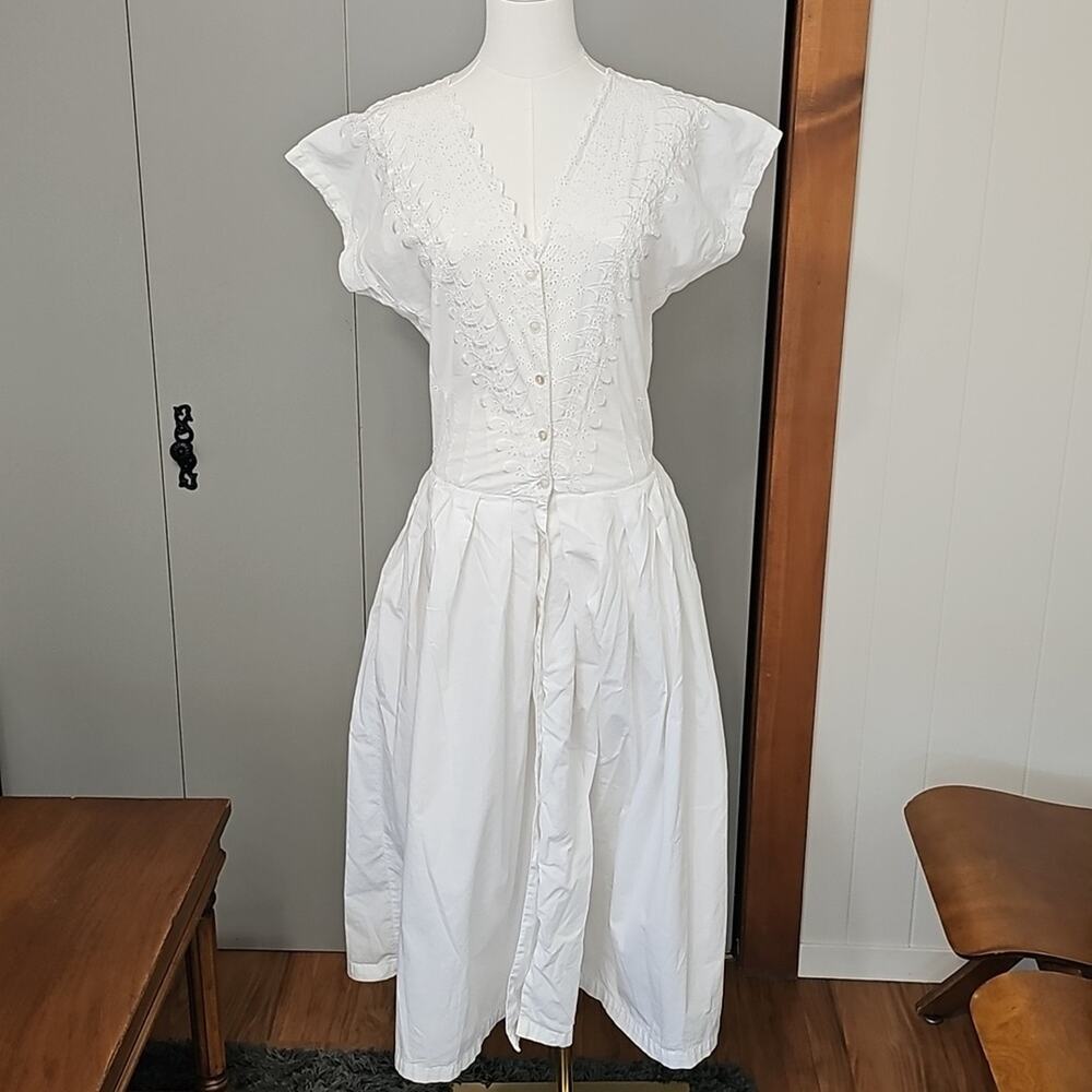 La Redoute White Prairie Dress Womens 10 Farmhouse Cottage 100% Cotton Crisp EUC